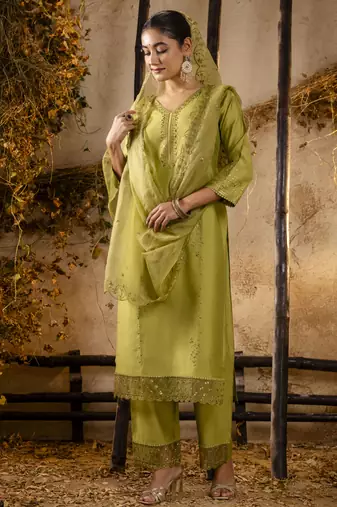 Mehendi embroidered viscose roman silk salwar suit