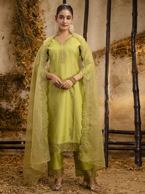 Mehendi embroidered viscose roman silk salwar suit 3