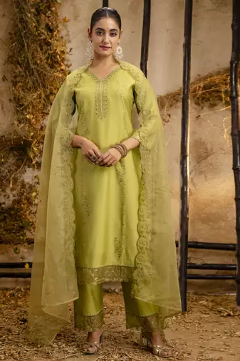 Mehendi embroidered viscose roman silk salwar suit
