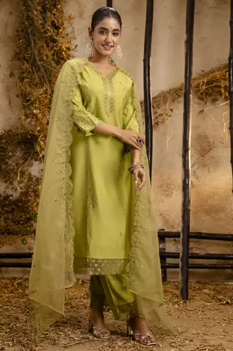 Mehendi embroidered viscose roman silk salwar suit