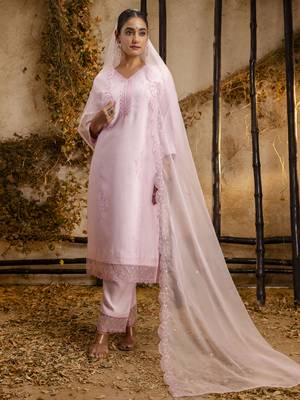 Pink embroidered viscose roman silk salwar suit 1