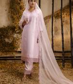 Pink embroidered viscose roman silk salwar suit