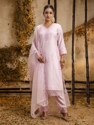 Pink embroidered viscose roman silk salwar suit 2