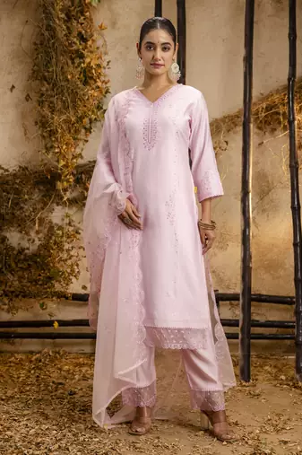 Pink embroidered viscose roman silk salwar suit