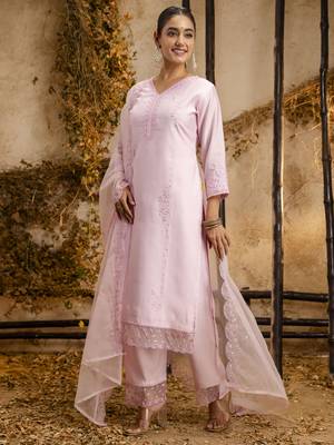 Pink embroidered viscose roman silk salwar suit 3