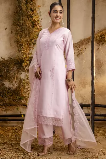 Pink embroidered viscose roman silk salwar suit