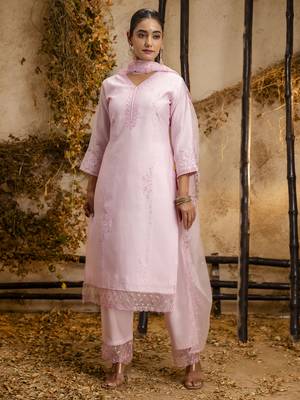 Pink embroidered viscose roman silk salwar suit 4