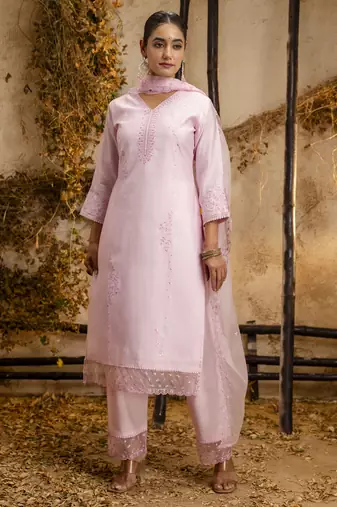 Pink embroidered viscose roman silk salwar suit