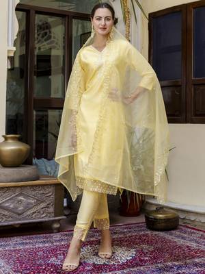 Yellow embroidered viscose roman silk salwar suit 1