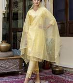 Yellow embroidered viscose roman silk salwar suit