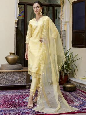 Yellow embroidered viscose roman silk salwar suit 2