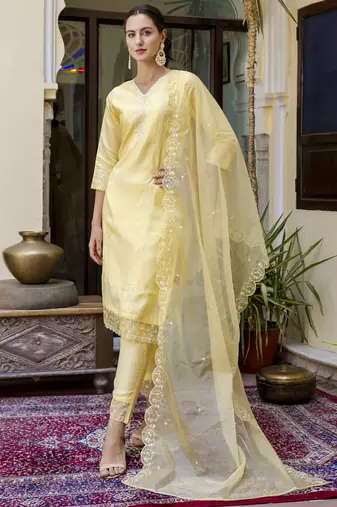Yellow embroidered viscose roman silk salwar suit