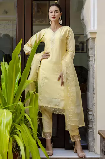 Yellow embroidered viscose roman silk salwar suit
