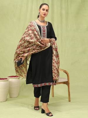 Black embroidered viscose roman silk salwar suit 1