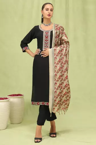 Black embroidered viscose roman silk salwar suit