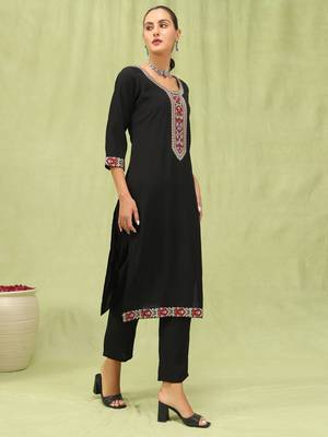 Black embroidered viscose roman silk salwar suit 3