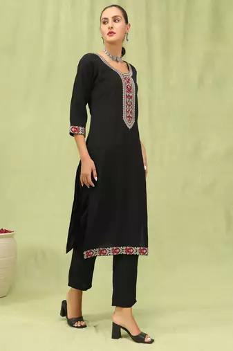 Black embroidered viscose roman silk salwar suit