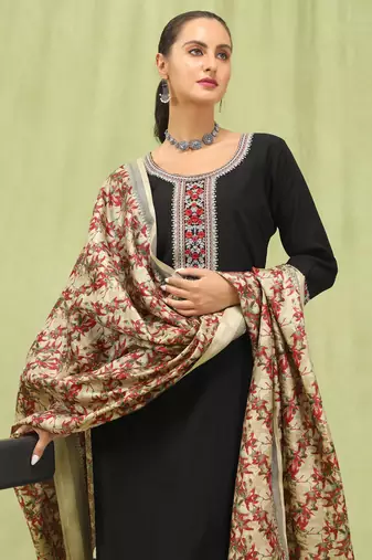 Black embroidered viscose roman silk salwar suit
