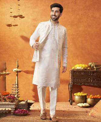 White raw silk embroidered nehru jacket set 1