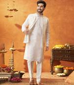White raw silk embroidered nehru jacket set