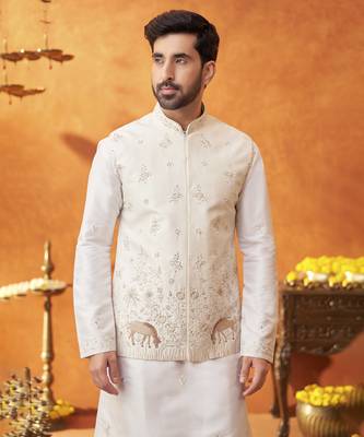 White raw silk embroidered nehru jacket set 2