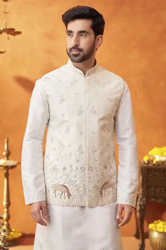 White raw silk embroidered nehru jacket set