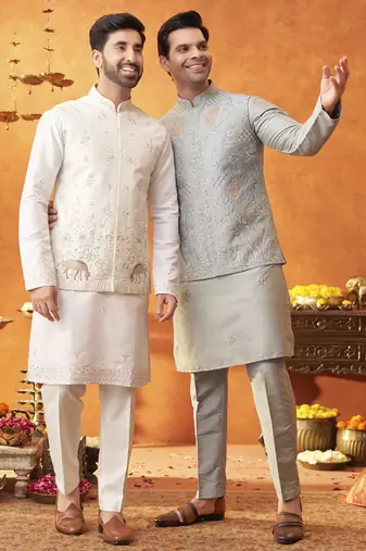 White raw silk embroidered nehru jacket set