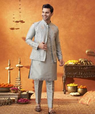 Grey raw silk embroidered nehru jacket set 1