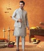 Grey raw silk embroidered nehru jacket set