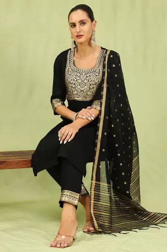 Black embroidered cotton blend salwar suit