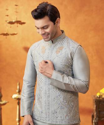 Grey raw silk embroidered nehru jacket set 2