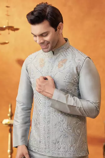 Grey raw silk embroidered nehru jacket set