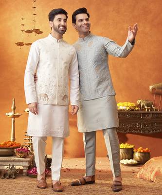 Grey raw silk embroidered nehru jacket set 3