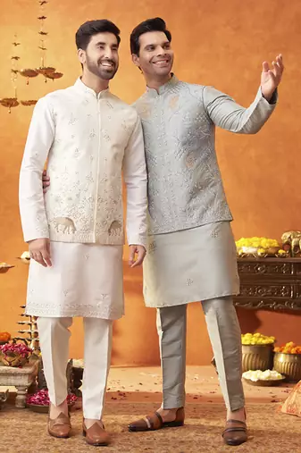 Grey raw silk embroidered nehru jacket set