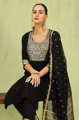 Black embroidered cotton blend salwar suit