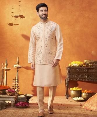 Peach raw silk embroidered nehru jacket set 1
