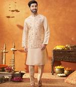 Peach raw silk embroidered nehru jacket set