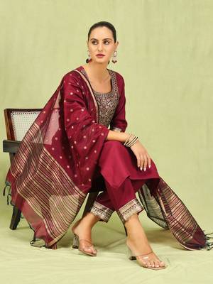 Maroon embroidered cotton blend salwar suit 1