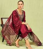 Maroon embroidered cotton blend salwar suit