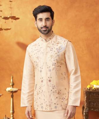 Peach raw silk embroidered nehru jacket set 2