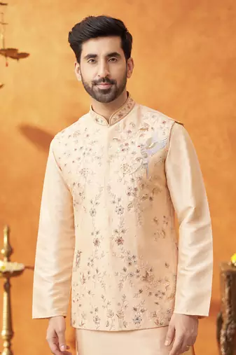 Peach raw silk embroidered nehru jacket set