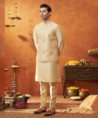 Gold raw silk embroidered nehru jacket set 1