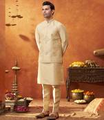Gold raw silk embroidered nehru jacket set
