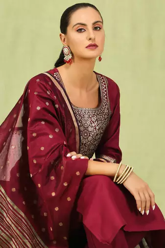 Maroon embroidered cotton blend salwar suit