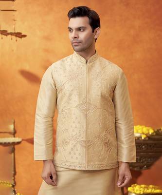 Gold raw silk embroidered nehru jacket set 2
