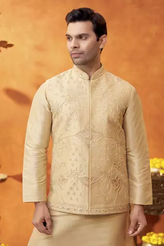 Gold raw silk embroidered nehru jacket set
