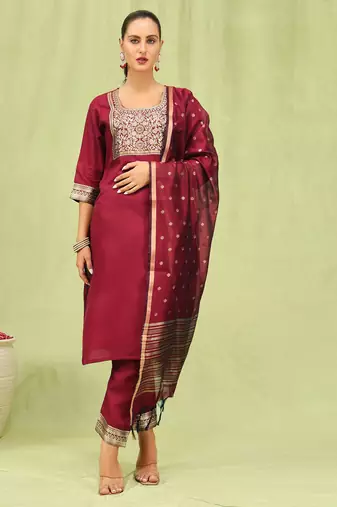 Maroon embroidered cotton blend salwar suit