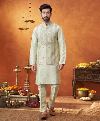 Green raw silk embroidered nehru jacket set 1