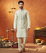Green raw silk embroidered nehru jacket set