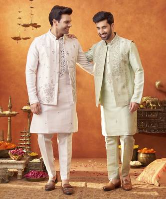 Green raw silk embroidered nehru jacket set 2